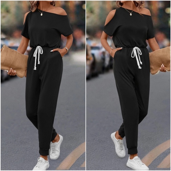 Pants - One Shoulder Cut out Pocket Drawstring Jumpsuit